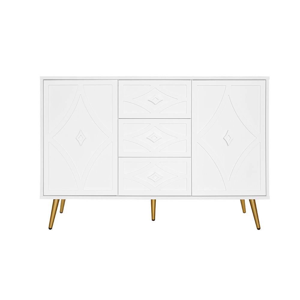 Com¨° elegante con motivo a losanga - Xylo - 120¡Á40¡Á80 cm - Bianco - 3 cassetti 2 ante piedi dorati
