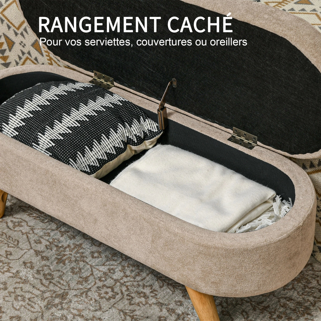 Panca panchetta contenitore 2 in 1 tessuto beige con piedi legno 110x40x43 cm ¨C Xylo
