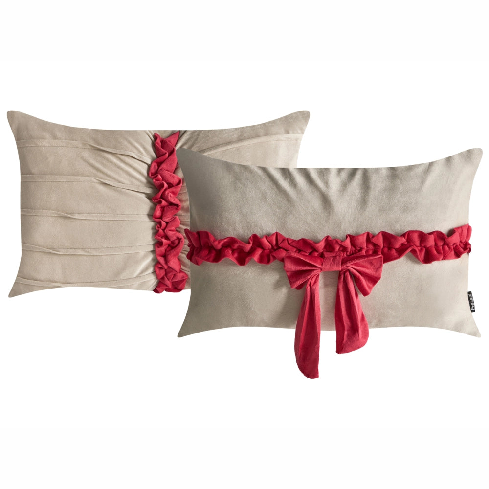 Set di 2 cuscini decorativi in velluto con motivo natalizio a fiocco 50 x 30 cm tortora e rosso accessorio decorativo