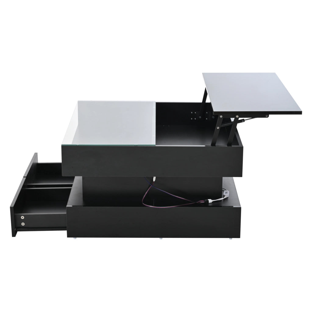 Tavolino da caffè 80x80x45 cm; alzabile con vano nascosto e LED; pannello truciolare e vetro temperato nero
