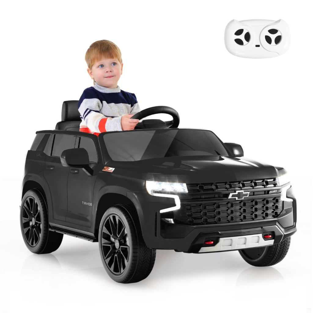 SUV elettrica 12V per bambini con telecomando 2,4G sospensione a molla luci e musica, Chevrolet auto elettrica Nero-Macchinine giocattoli