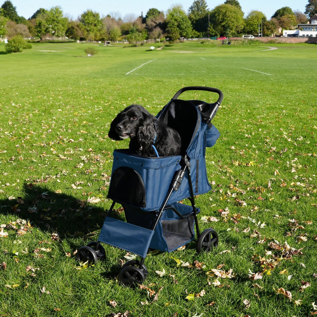 Passeggino per animali Blu con Borsa Organizer Pieghevole da Viaggio per Cani