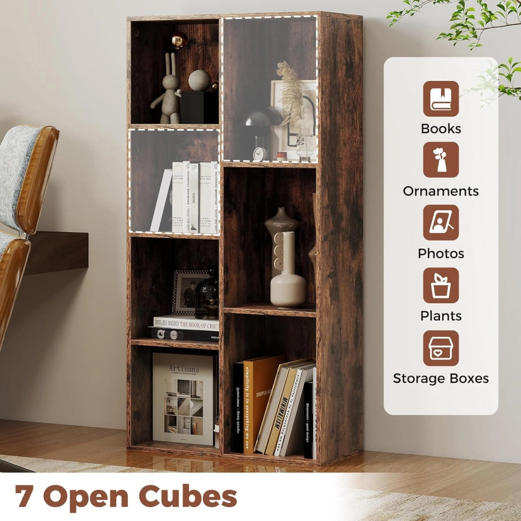 Libreria Verticale con 8 Cubi, Mobile Contenitore in Legno, con 2 Dispositivi Antiribaltamento, Libreria Scaffale per Soggiorno, Camera da Letto, Ufficio, 49,5 x 23 x 106 cm (Marrone)