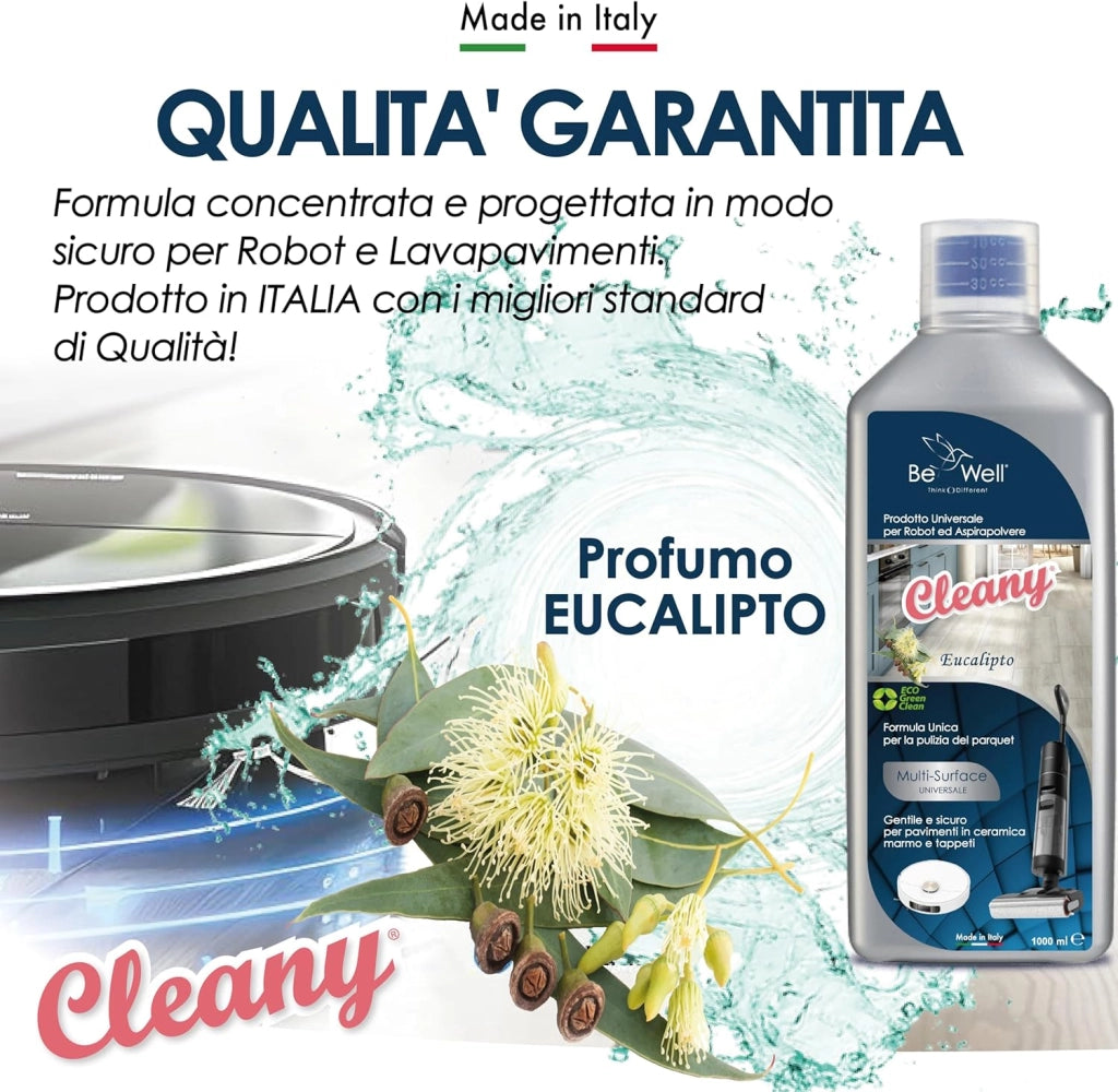 CLEANY Detergente Concentrato per Robot Lavapavimenti e Aspirazione con Igienizzante Multisurface 1000ml pulizia senza aloni e sostenibile Adatto a tutti i Robot (EUCALIPTO)