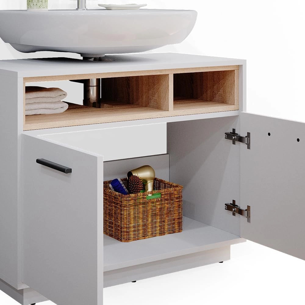 Mobile sottolavabo per bagno Beatrice, Bianco, 80 x 64 cm, con ritaglio per sifone e ripiani aperti