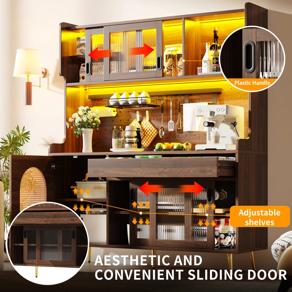 Credenza con Ante e Vetro Scanalato ¨C MINIMAL ¨C Marrone/Nero, 145x39x171cm, 5 Ante, LED