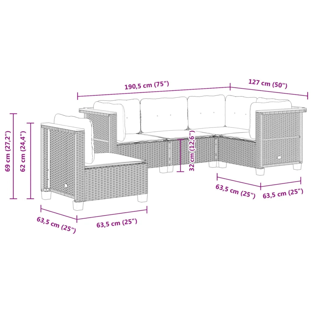 vidaXL Set Divani da Giardino 5 pz con Cuscini in Polyrattan Nero