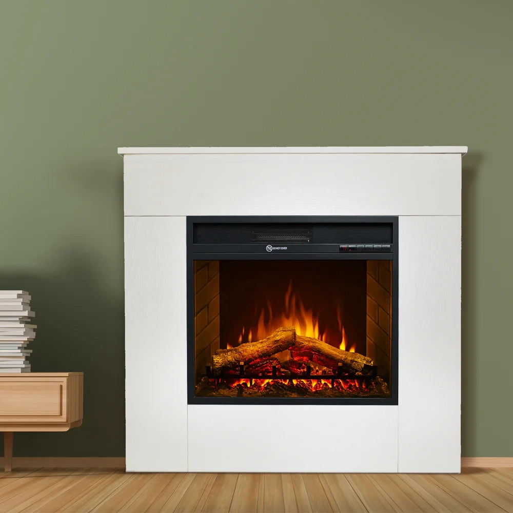 Camino elettrico caminetto da terra in legno bianco Made in Italy MICHELANGELO 96x36x90h
