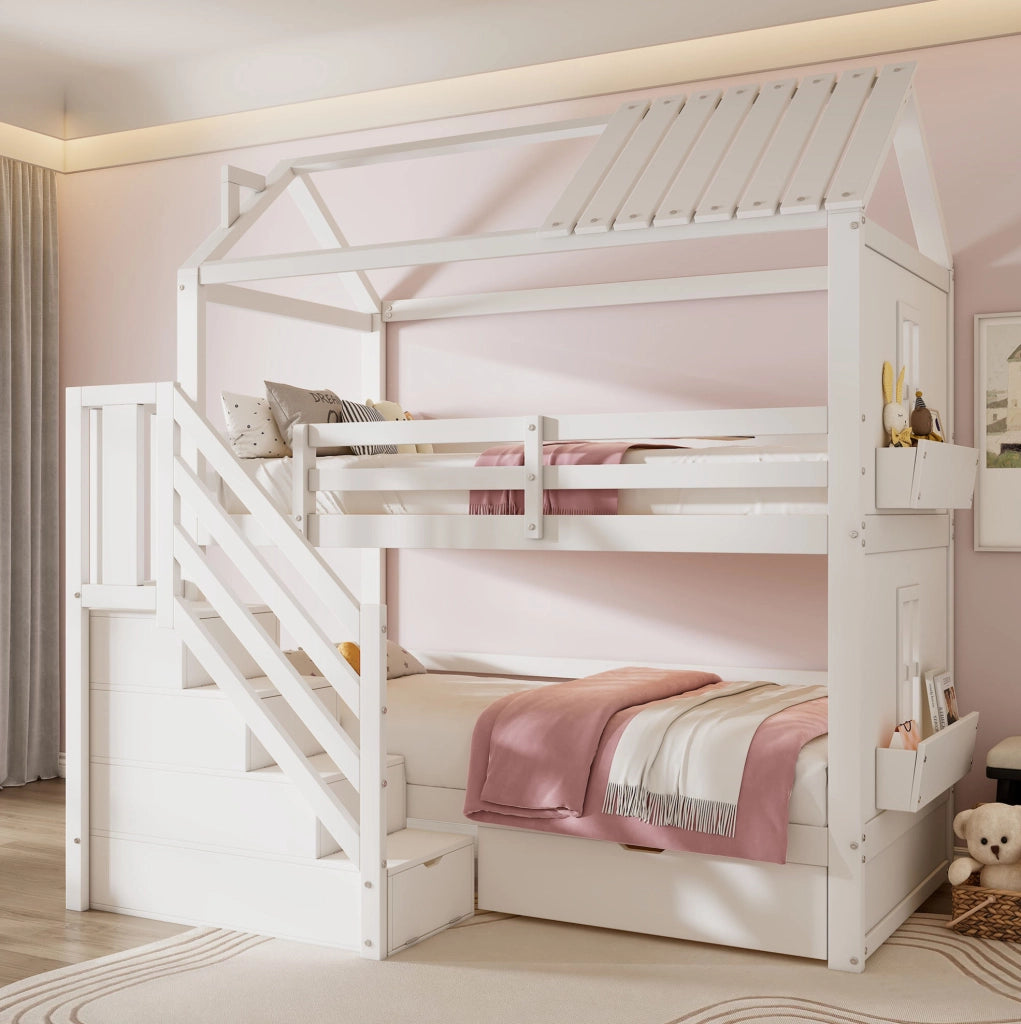 Letto a castello 90x200 cm con scala contenitore bianco