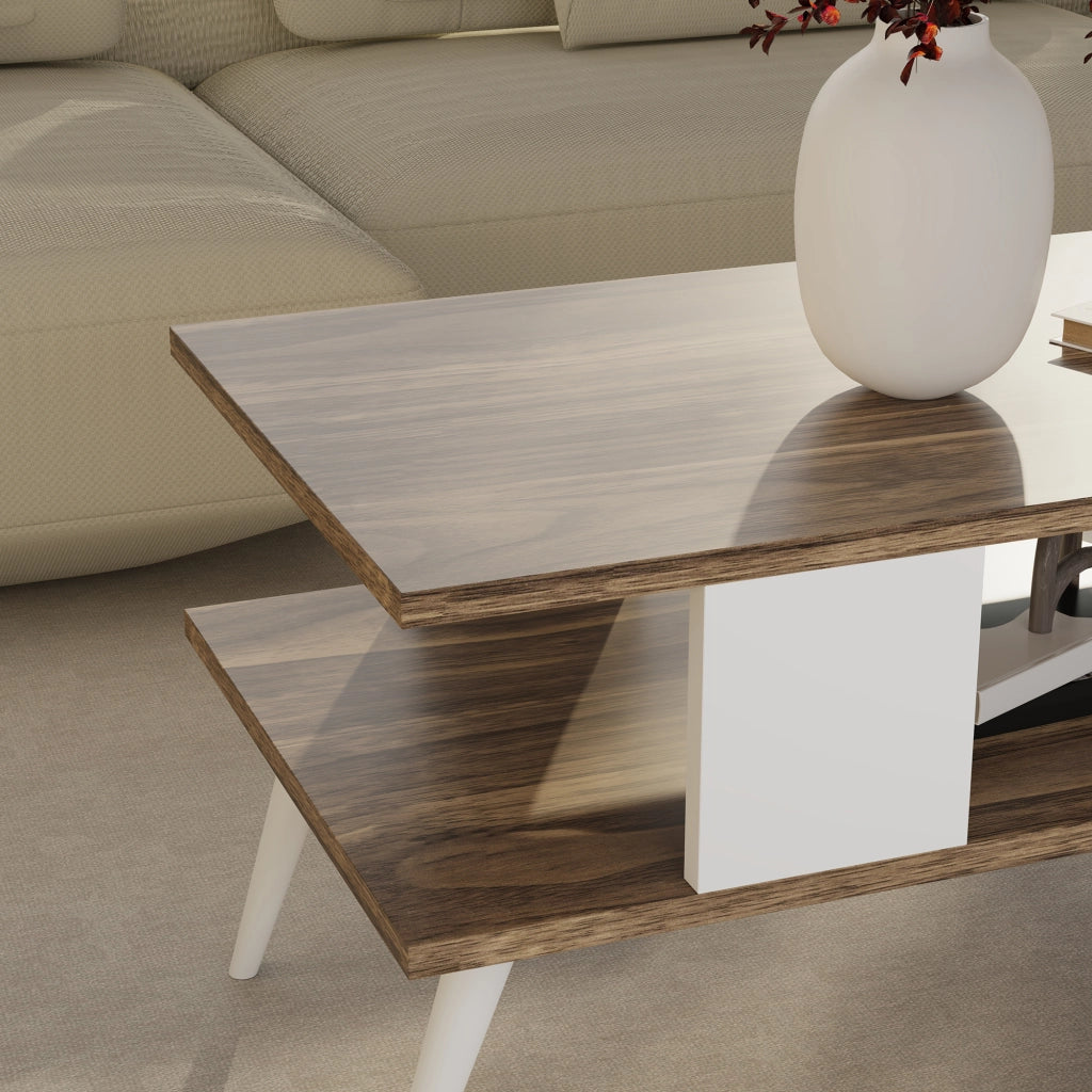 Tavolino Basso da Divano 'Lycksele' con Scomparto Semiaperto e 4 Piedini - Effetto Noce / Bianco [en.casa]