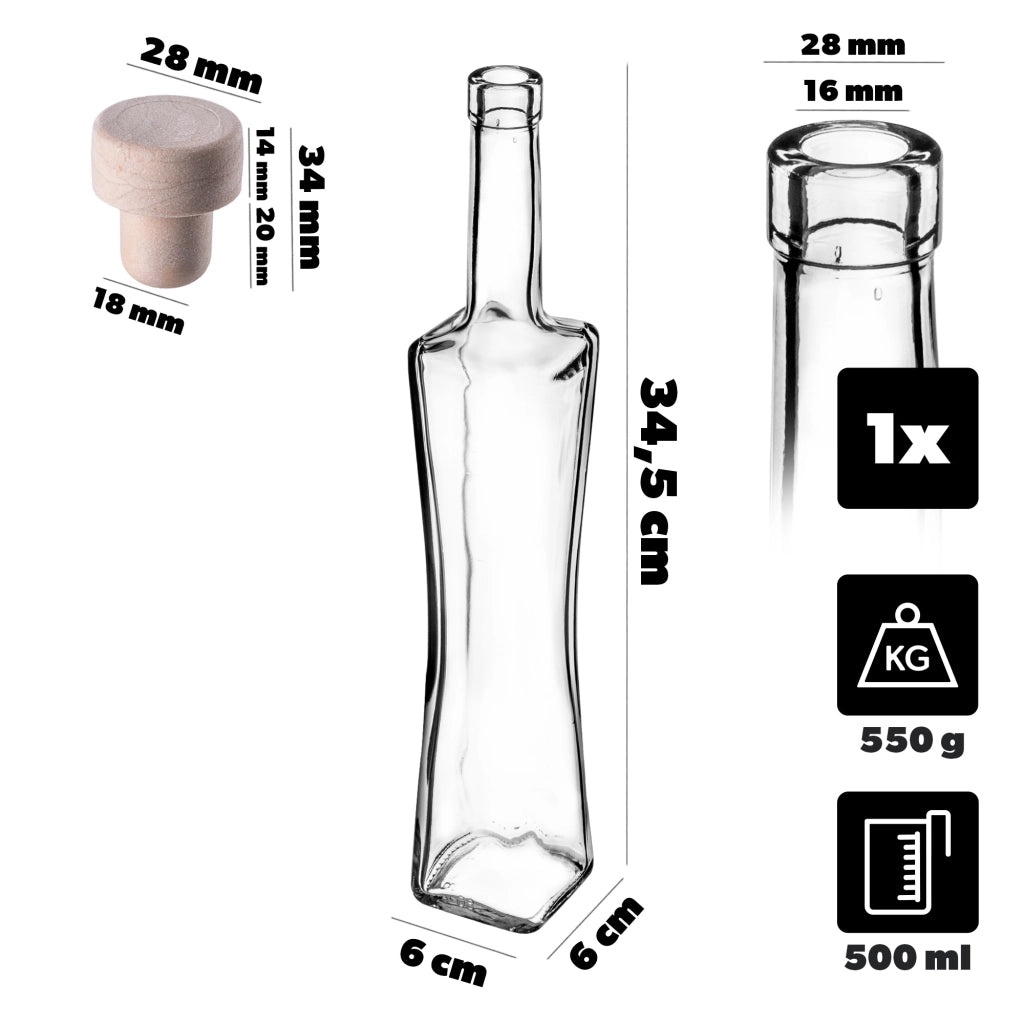 Bottiglia in vetro KADAX Quadra da 500 ml (0,5 l) per liquori, moonshine, vino, vodka con tappo di sughero.