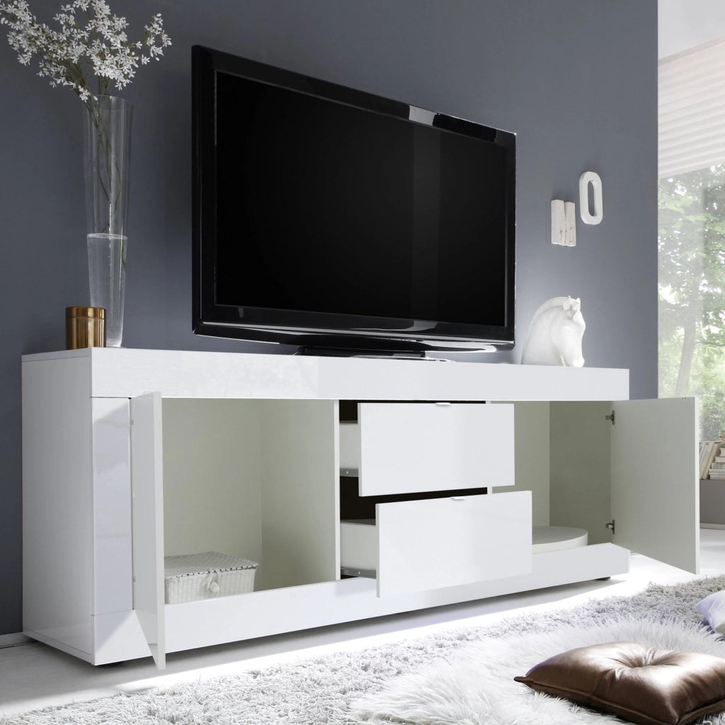 Sinello, Mobile Porta tv 2 Vani, 210x43x65h cm Bianco Lucido