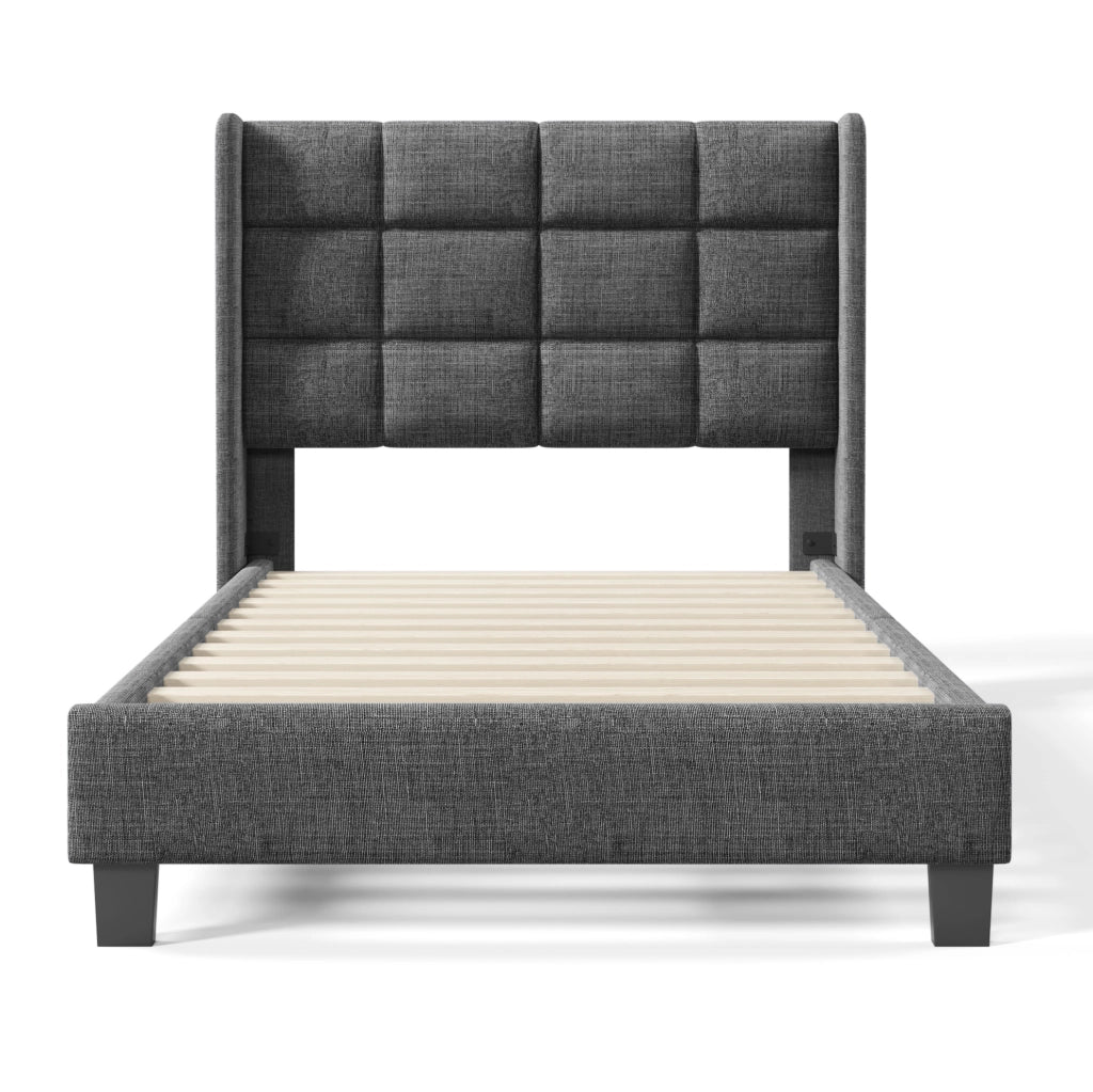 Letto imbottito singolo 90x200 cm in lino grigio con testiera alta e rete a doghe