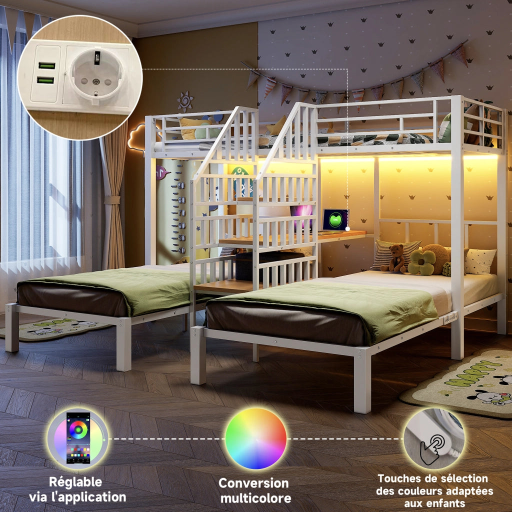 OKWISH Letto a Castello 90×200 cm, Letto 3 Posti con LED, USB, Presa, Scala Contenitore, Scrivania e Mensola, senza Materasso, Bianco