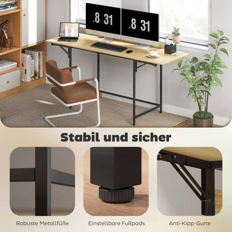 Scrivania pieghevole multifunzionale con 2 allunghe, gambe in metallo, per ufficio e studio, rovere, 170 × 58 cm