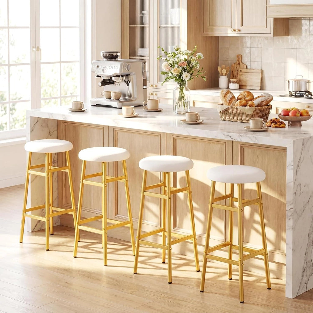Set di 2 Sgabelli Alti Rotondi da Bar (Bianco) | Sgabelli con Seduta Imbottita, Pioggiapiedi Ergonomico, Portata 150 kg per Cucina e Sala da Pranzo, 33,5 x 33,5 x 73 cm