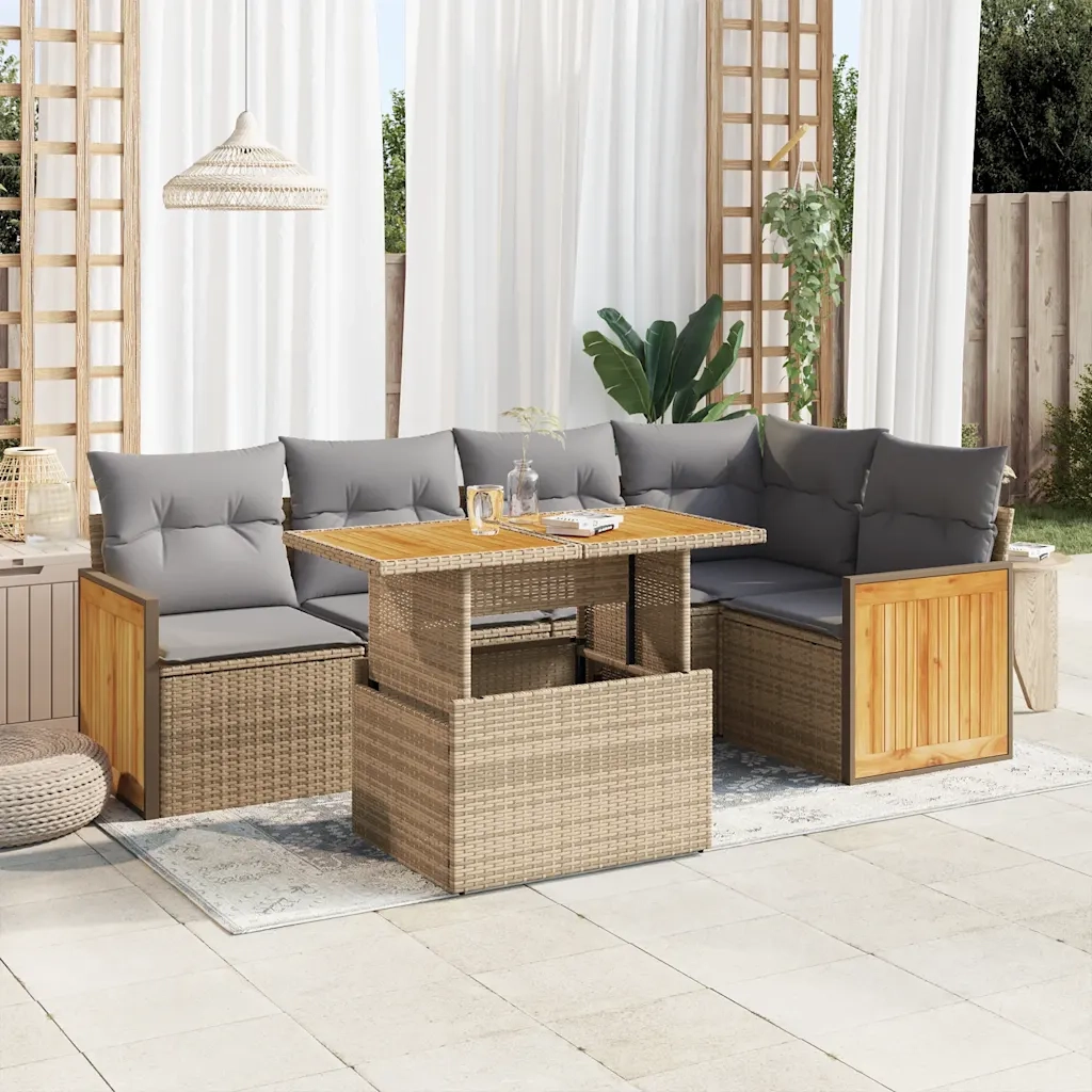 Set Divano da Giardino 6 pz con Cuscini Beige Polyrattan Acacia 3327713