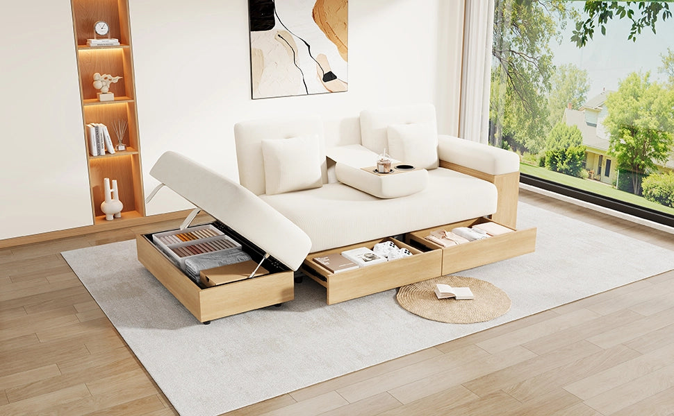 Divano Letto con Contenitore 3 Posti in Ciniglia Beige 217 cm