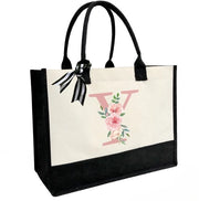 Borsa personalizzata di canapa con iniziali, borsa di canapa con taschino chiuso con cerniera, doppia cintura a spalla, borsa di juta con monogramma per lavoro quotidiano e viaggi, lettera rosa
