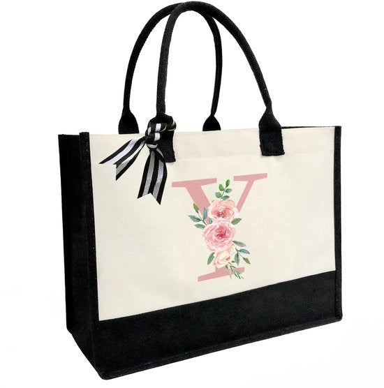 Borsa personalizzata di canapa con iniziali, borsa di canapa con taschino chiuso con cerniera, doppia cintura a spalla, borsa di juta con monogramma per lavoro quotidiano e viaggi, lettera rosa