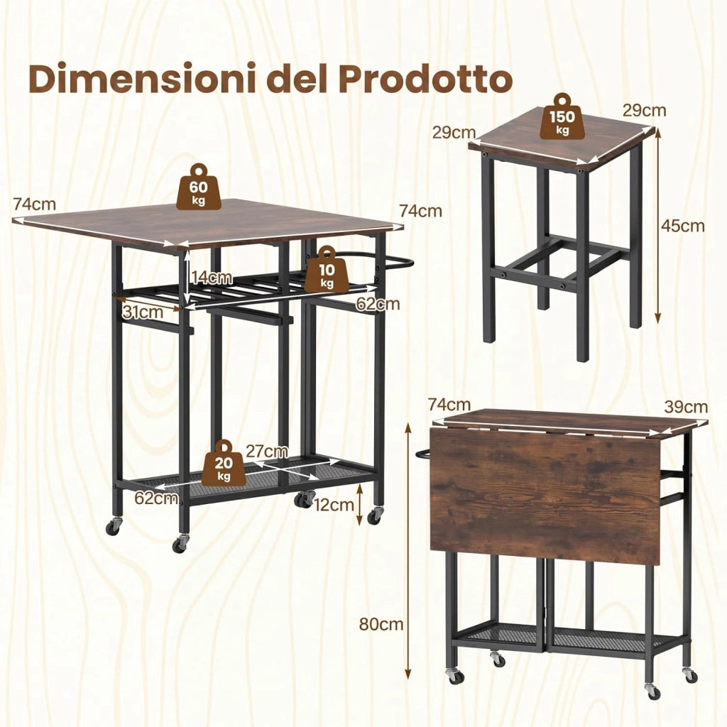 Set Tavolo da Pranzo Pieghevole 3 Pezzi, Tavolo Salvaspazio Estendibile con 2 Sgabelli con Ruote, Portabottiglie da 6 Posti, Ripiani e Maniglia Laterale per Cucina (Caffè,Modello 2)