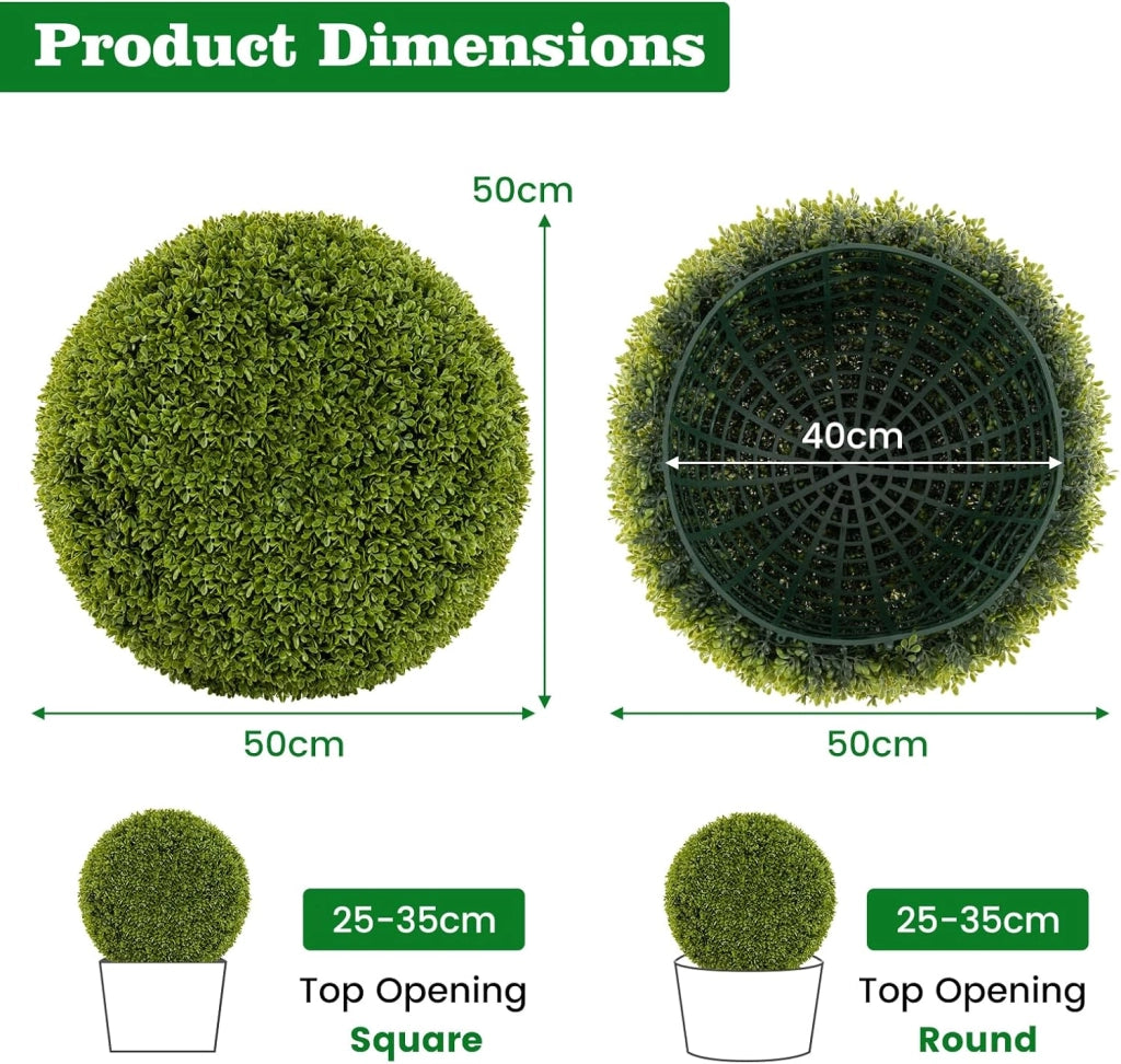 Juego de 2 Bolas Decorativas de Planta Artificial, Plantas Esféricas de 50 cm, con Hojas Simuladas Resistente al Sol, Planta Decorativas para Balcón, Patio, Hogar, Boda (50 cm)