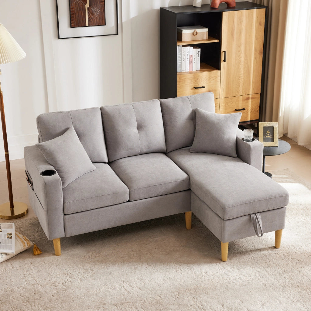 Divano Angolare con Chaise Longue 3 Posti con Contenitore; Portabicchieri e 2 Cuscini in Cotone Lino Grigio Chiaro