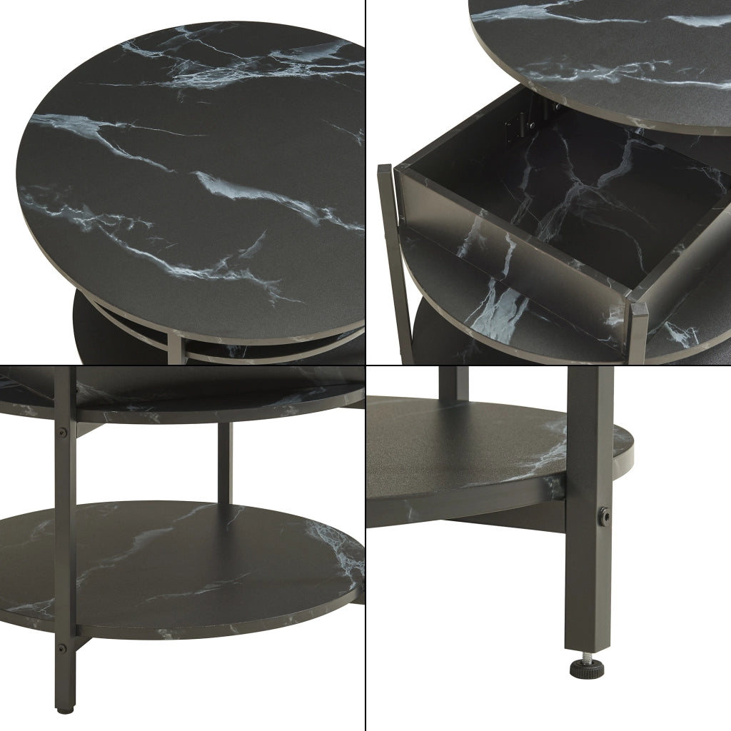 Tavolino da Caffè Kandas con Piano Rotondo Sollevabile (ØxA): 70x49 cm - Effetto Marmo Nero [en.casa]