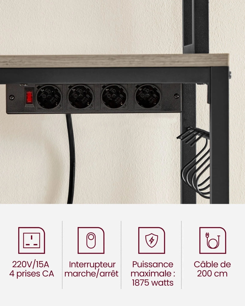 Mensola da cucina con multipresa supporto per microonde ripiano portaoggetti con pannello in rete metallica 14 ganci 40 x 80 x 170 cm grigio 12_0005668