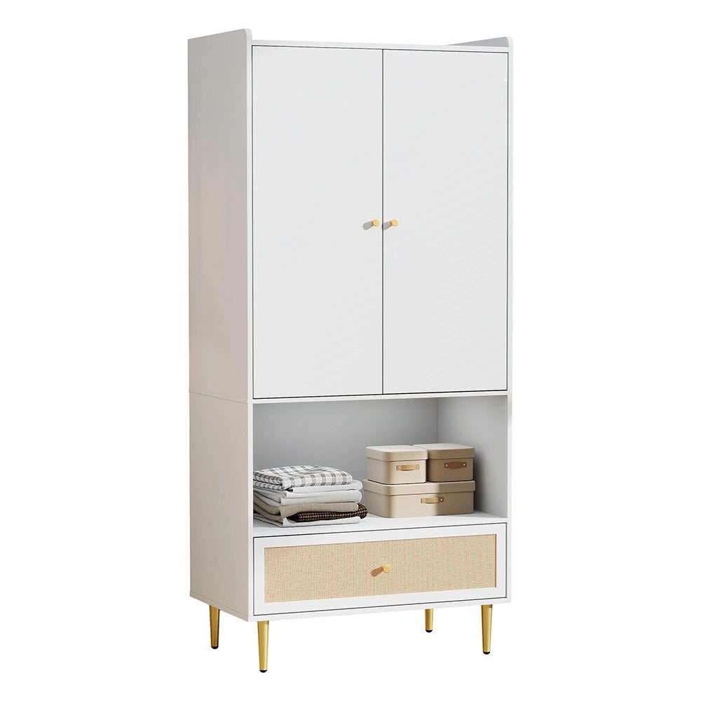 Armadio da camera a 2 ante - Xylo - 80x48x175 cm - Bianco - Cassetto in rattan e appendiabiti