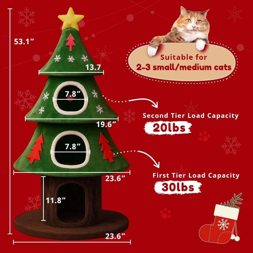 COMHOAM Tiragraffi alto 135 cm, design albero di Natale a più piani con casetta per gatti, con colonna tiragraffi, palla da gioco, albero da arrampicata stabile per gatti, verde