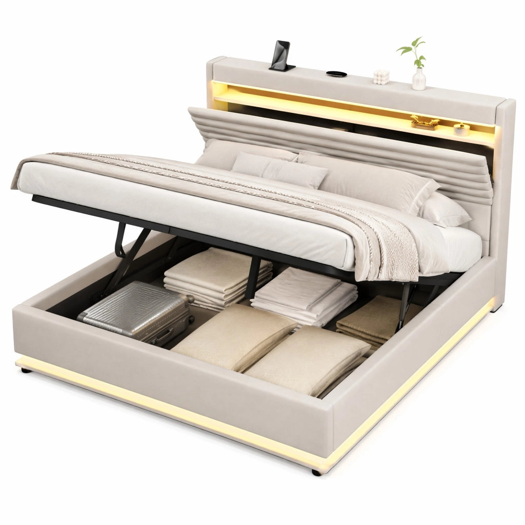 Letto matrimoniale imbottito 180x200 cm in lino beige con contenitore; LED e USB-C