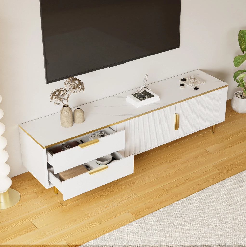 Mobile TV moderno bianco e oro con 2 cassetti e vani contenitore, 170 cm