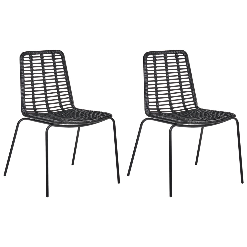 Set di 2 sedie da pranzo con seduta e schienale in rattan nero gambe in ferro senza braccioli design industriale boho