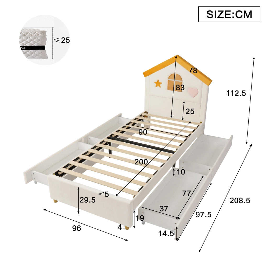 Letto per bambini 90 × 200 cm a casetta imbottito con 4 cassetti, senza materasso, in velluto, beige