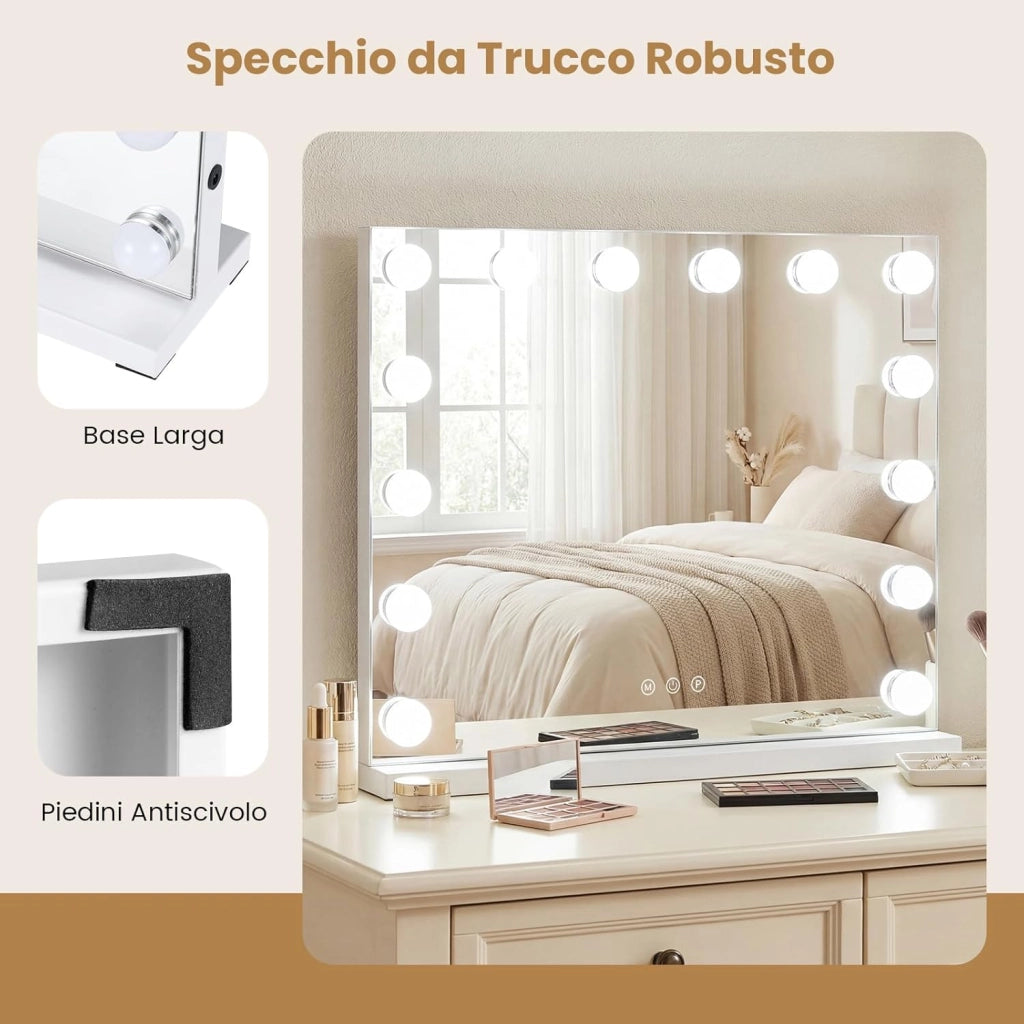 Specchio per Trucco Illuminato, Specchio da Tavolo con 14 Luci LED e Specchio con Ingrandimento 5X, Specchio da Toeletta con 3 Colori e Luminosità Regolabile, 50x43 cm