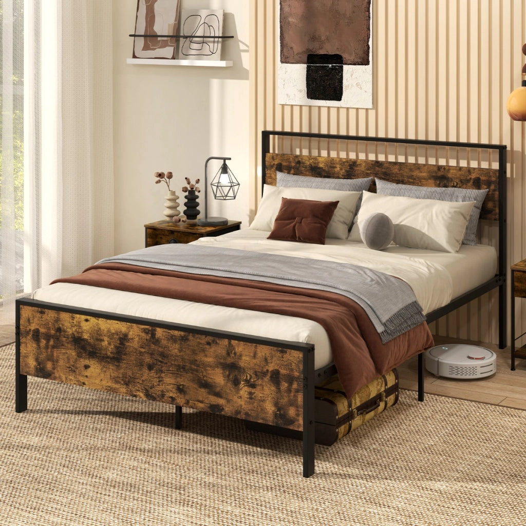 Struttura letto matrimoniale per materasso con doghe in metallo robusto, Struttura del letto in legno industriale Marrone-Letti e strutture