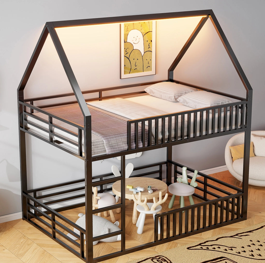 Letto a soppalco 140x200 cm a casetta con LED, nero