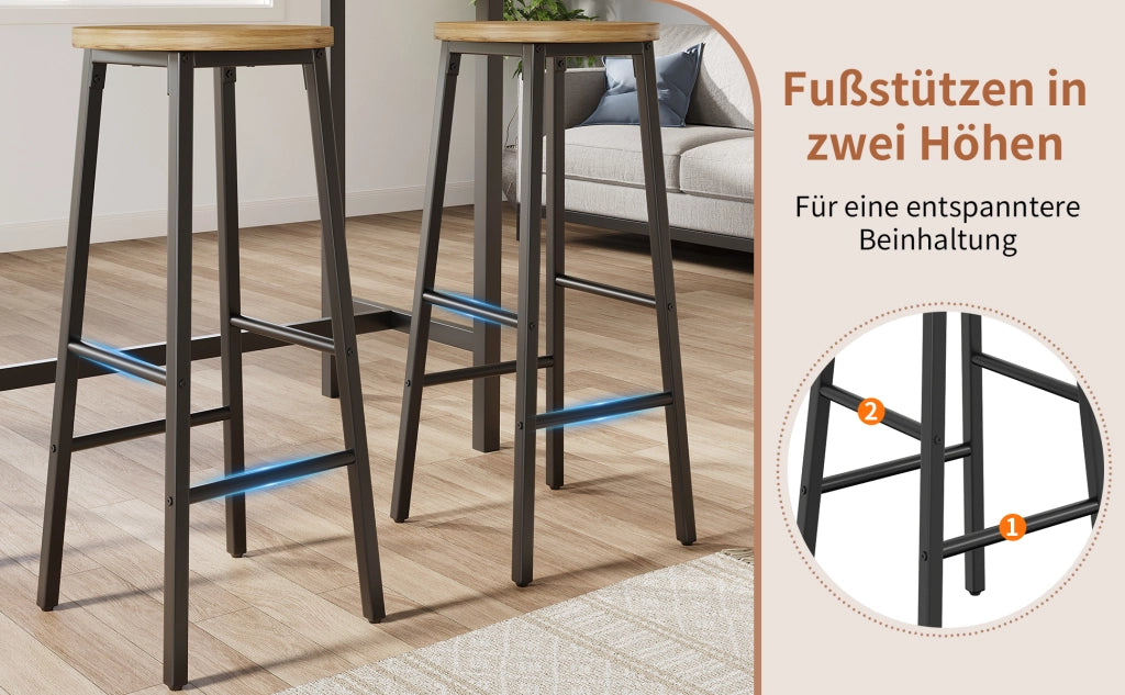 Sgabello da bar set da 2 con doppio poggiapiedi e piedini regolabili in metallo nero e seduta effetto legno 70 cm
