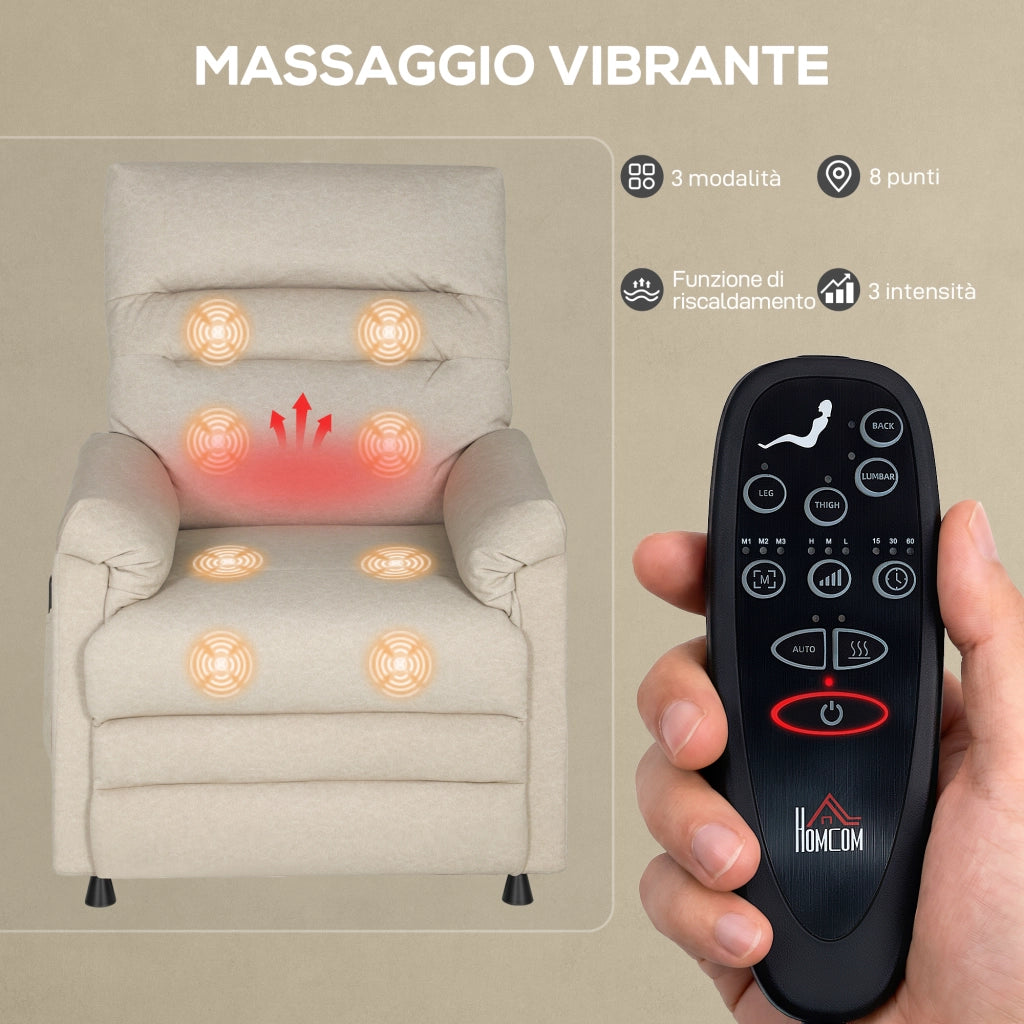 Poltrona Reclinabile Massaggiante con Poggiapiedi ¨C Zephmum ¨C Tessuto Vellutato Beige