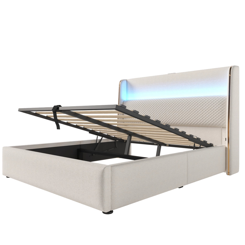 Letto Contenitore 140x200 cm; LED; USB e Type-C in Lino Beige