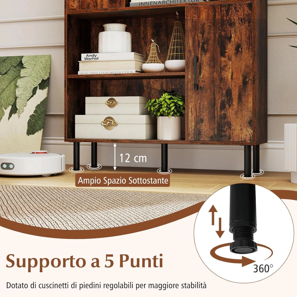 Credenza Mobile da Cucina, Libreria Verticale in Legno con 2 Ante, 4 Ripiani Aperti e 5 Gambe in Metallo, Mobile Dispensa Moderno per Soggiorno, Studio e Ufficio, 80 x 24 x 119,5 cm (Marrone)