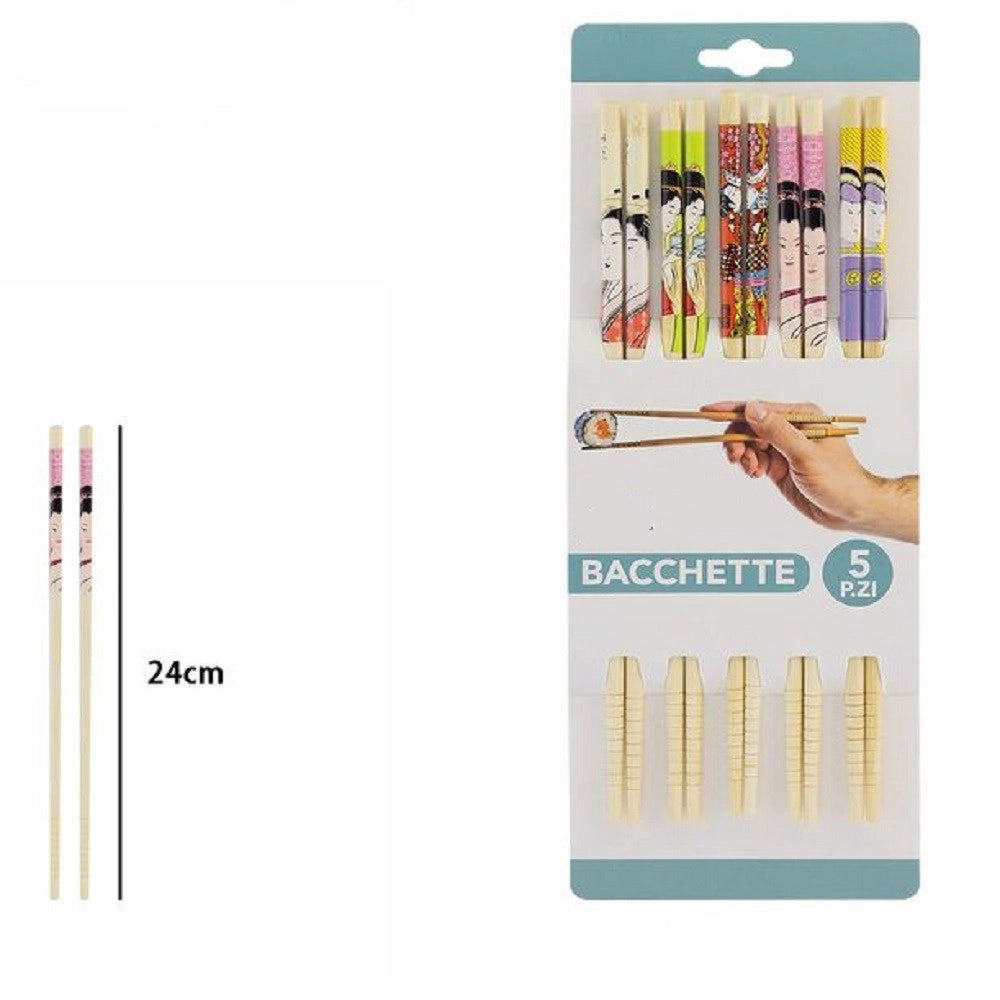 Trade Shop - Set 5 Coppie 10 Bacchette Legno Cinesi Giapponesi Posate Cucina 24cm Decorate 74190 -