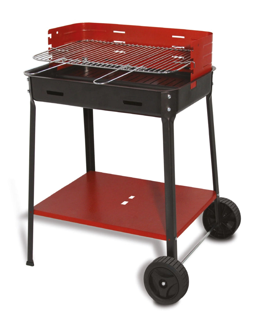 Barbecue a Carbone Flavia 60x35x80 cm Griglia Regolabile a 3 Altezze con Ruote in Acciaio Nero e Rosso