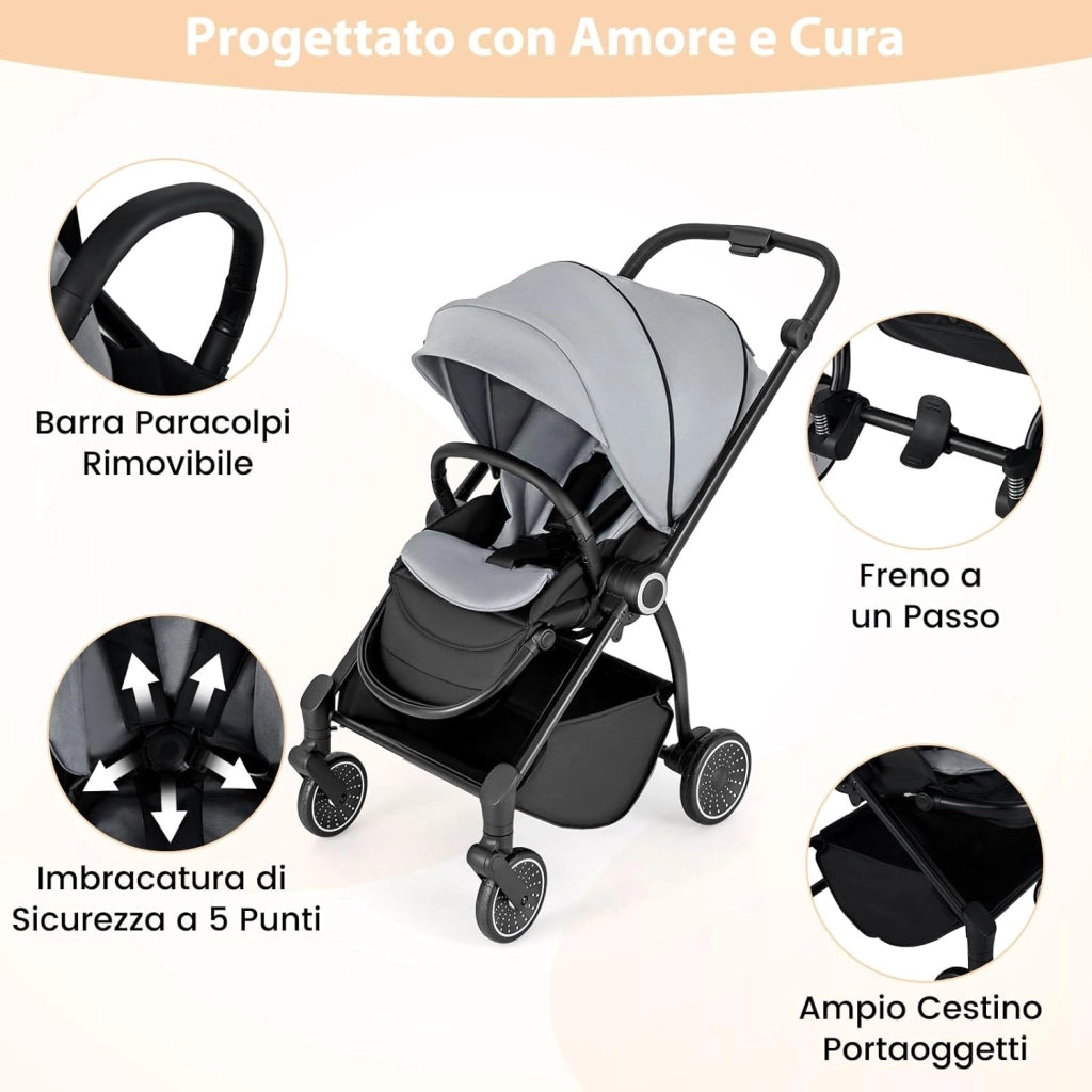 Passeggino per Bambini Reversibile, Passeggino Pieghevole per Neonati con Schienale Reclinabile, Cappotta Regolabile, Cestello Portaoggetti, per Neonati 0-36 Mesi, Portata 15 kg (Grigio)