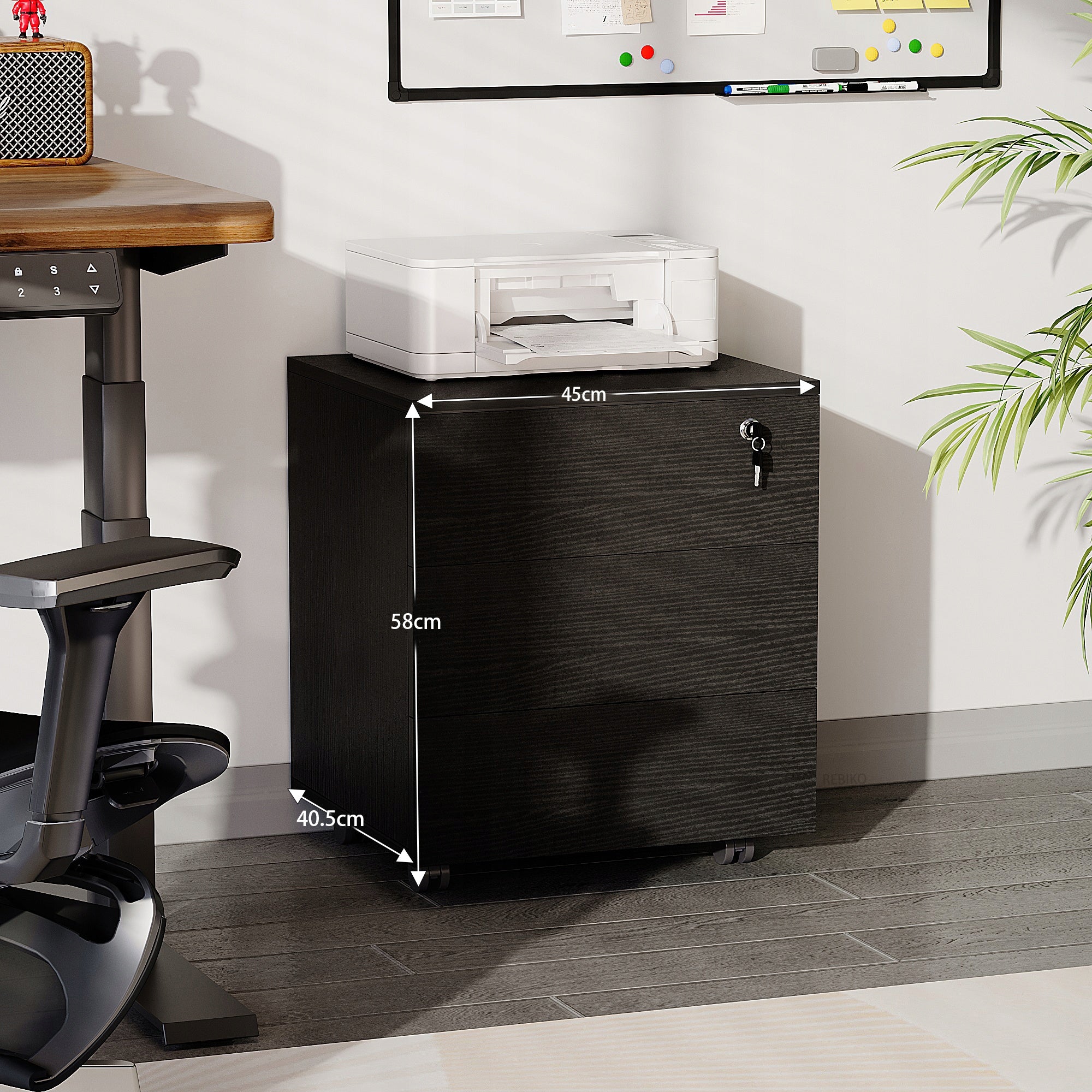 Contenitore da ufficio su ruote con cassetti con serratura, armadio mobile nero