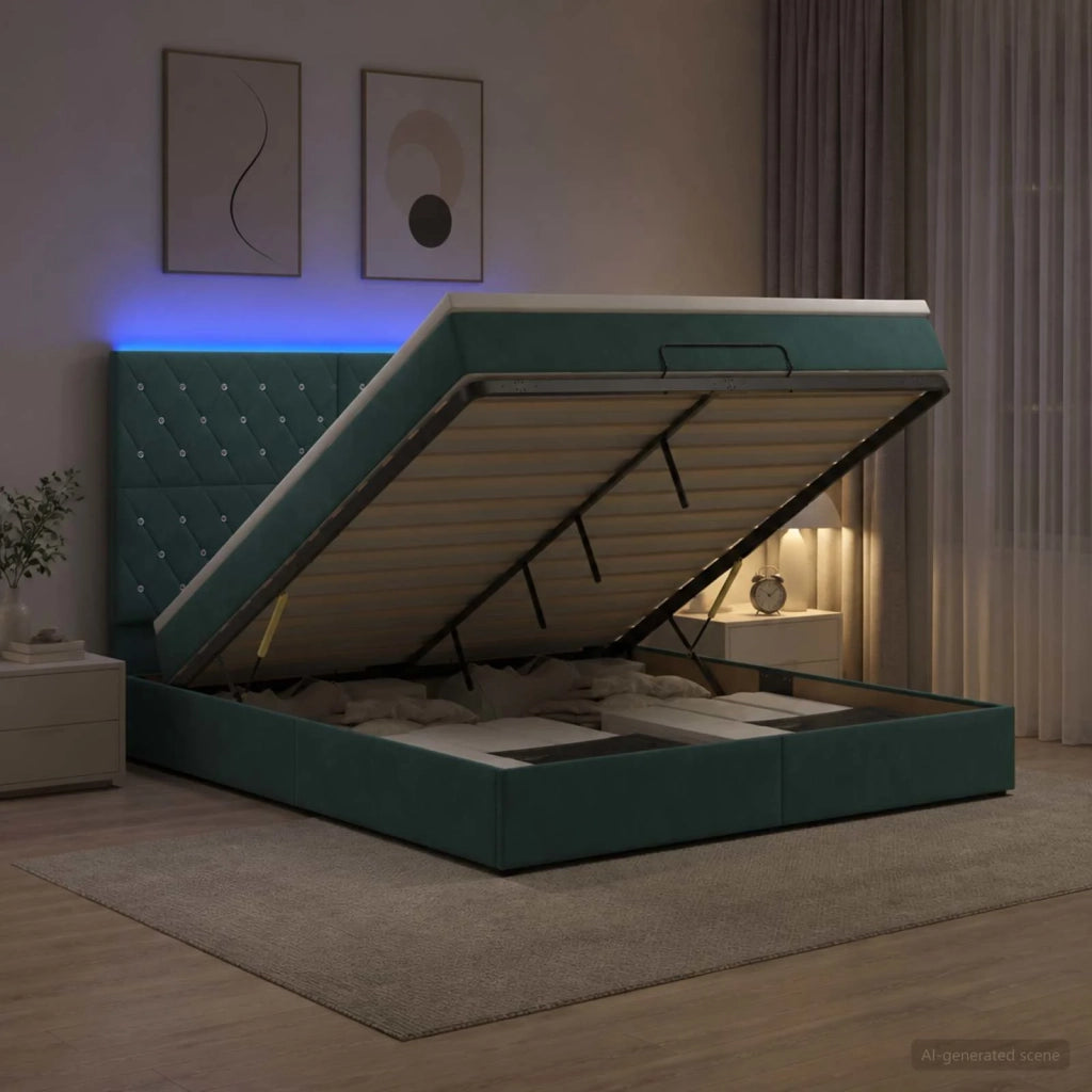 Letto Ottomano con Materasso e LED Verde Scuro 180 x 200 cm 3458250