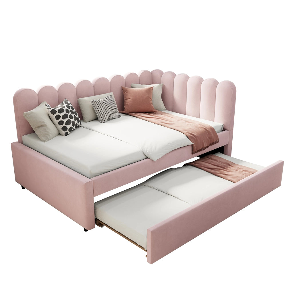 OKWISH Letto a Scomparsa 140×200 cm, Letto Matrimoniale con Letto Estraibile, Design a L e Schienale a Petali, senza Materasso, Rosa