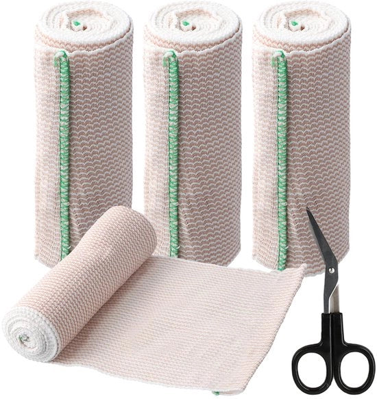 Set di 4 Bende di Supporto Elastiche 15 cm x 4,5 m - Bende di Supporto per Gamba/Braccio/Piede - Fatta di Cotone Durevole - Incluso Taglierino