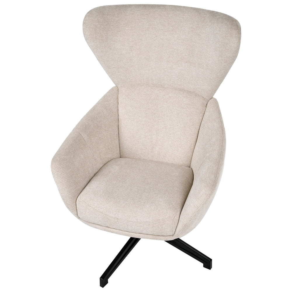 Poltrona Girevole in Tessuto Beige Chiaro Stile Mid-Century Modern con Schienale Alto e Seduta a Guscio con Braccioli Avvolgenti